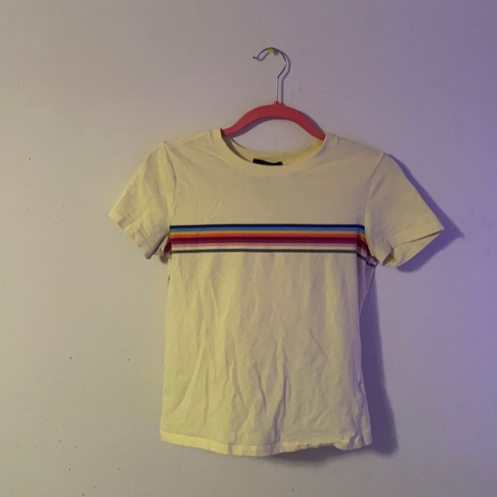Yellow with rainbow stripe short sleeve tee